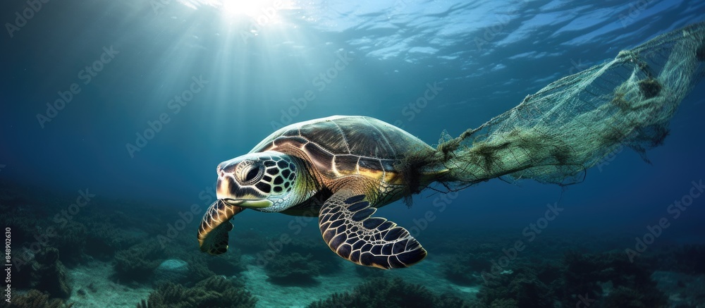 Fototapeta premium A green sea turtle caught in an abandoned fishing net with a clear blank space ideal for inserting an image. Copy space image. Place for adding text and design