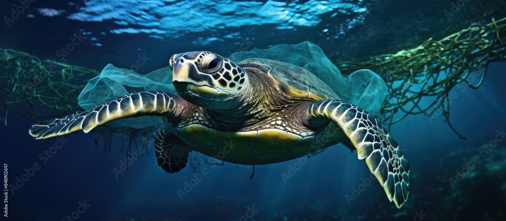 Fototapeta premium An image showing a green sea turtle caught in a fishing net with available space for adding text or graphics. Copy space image. Place for adding text and design