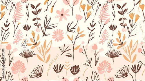 Whimsical seamless pattern of hand-drawn flora in pastel light pink, cream, and brown colors