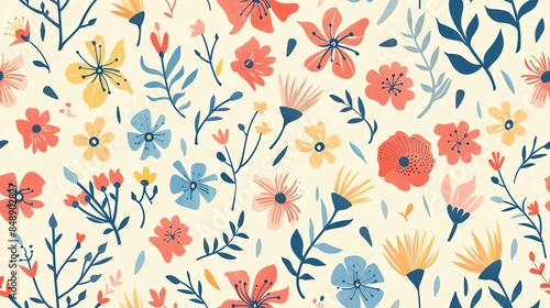 Whimsical seamless pattern of hand-drawn flora in pastel light pink, cream, and brown colors