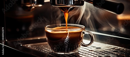Close up view of espresso extraction from a professional coffee machine with a bottomless filter featuring a coffee drop with copy space image
