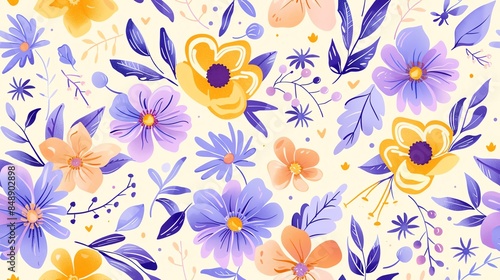 Whimsical seamless pattern of hand-drawn flora in pastel light pink, cream, and brown colors