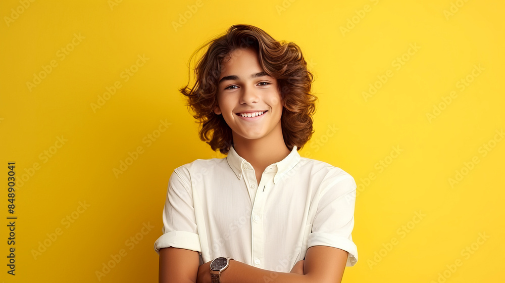 Obraz premium Happy cheerful young latino generation z. Smiling ethnic cool generation z teenage student, long hair, yellow background.
