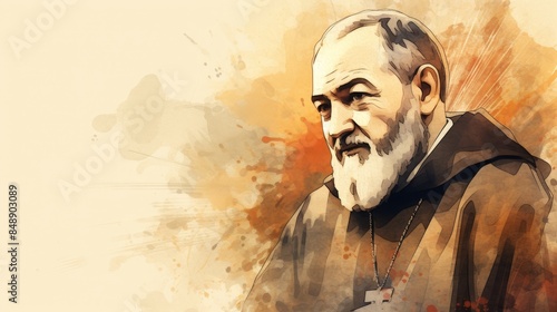 St. Padre Pio Showing Stigmata in San Giovanni Rotondo, Biblical Illustration, Beige Background, Copyspace , Biblical Illustration,Christian banner