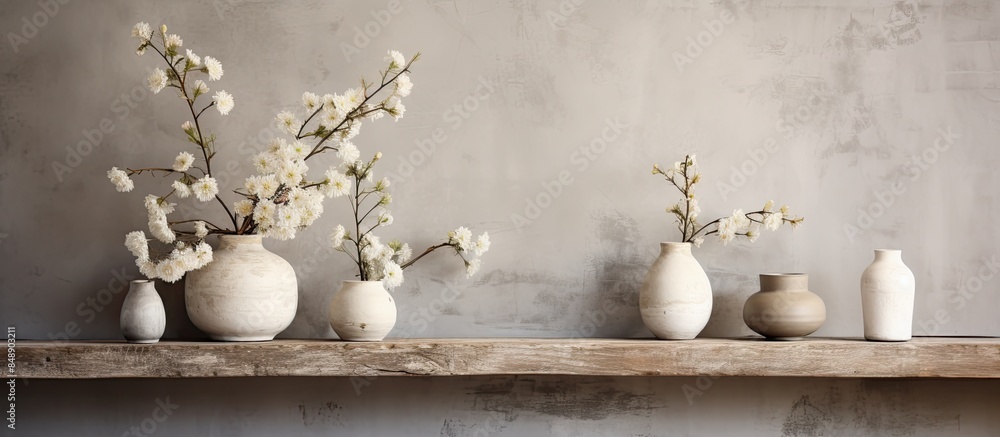 Home decor with white flowers in neutral vases burned candles on a distressed wooden shelf against a rough plaster grey wall creating a cozy ambiance with copy space image Home decor with white flowers in neutral vases burned candles on a distressed wooden shelf against a rough plaster grey wall creating a cozy ambiance with copy space image
