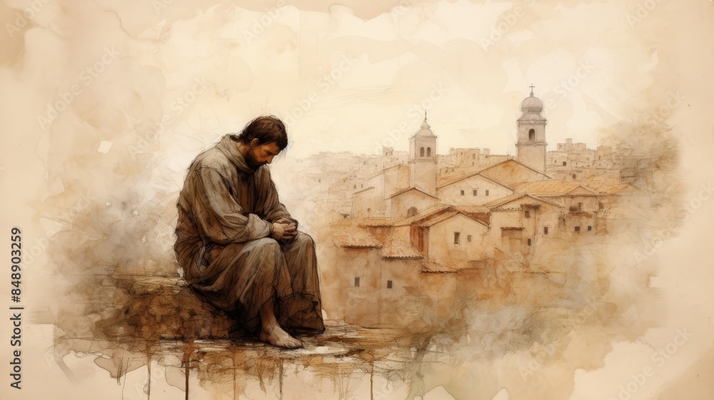 Naklejka premium St. Vitus in Prayer in 4th-Century Italian Village, Biblical Illustration, Beige Background, Copyspace , Biblical Illustration,Christian banner