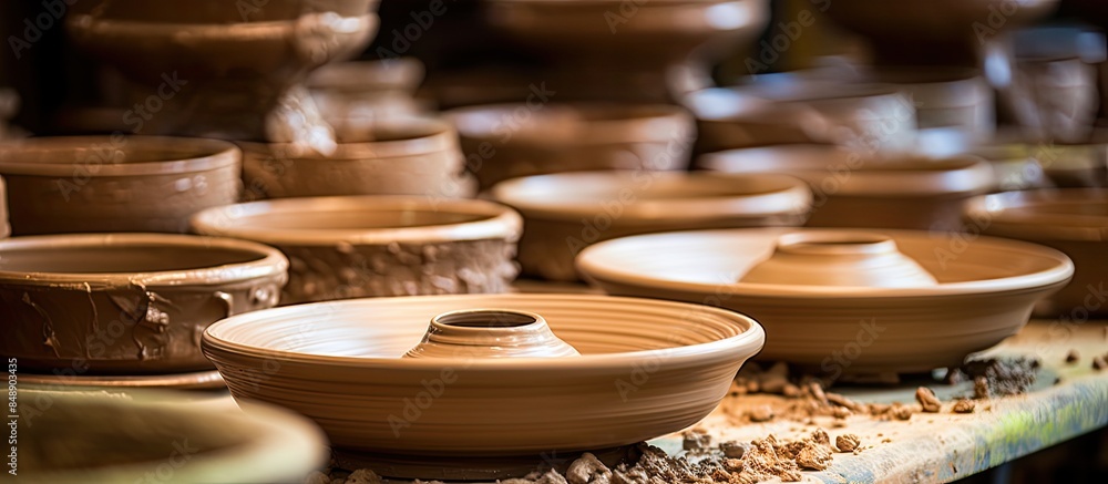 Working on a wheel thrown greenware pottery made of stoneware this image includes a background for a copy space image Working on a wheel thrown greenware pottery made of stoneware this image includes a background for a copy space image