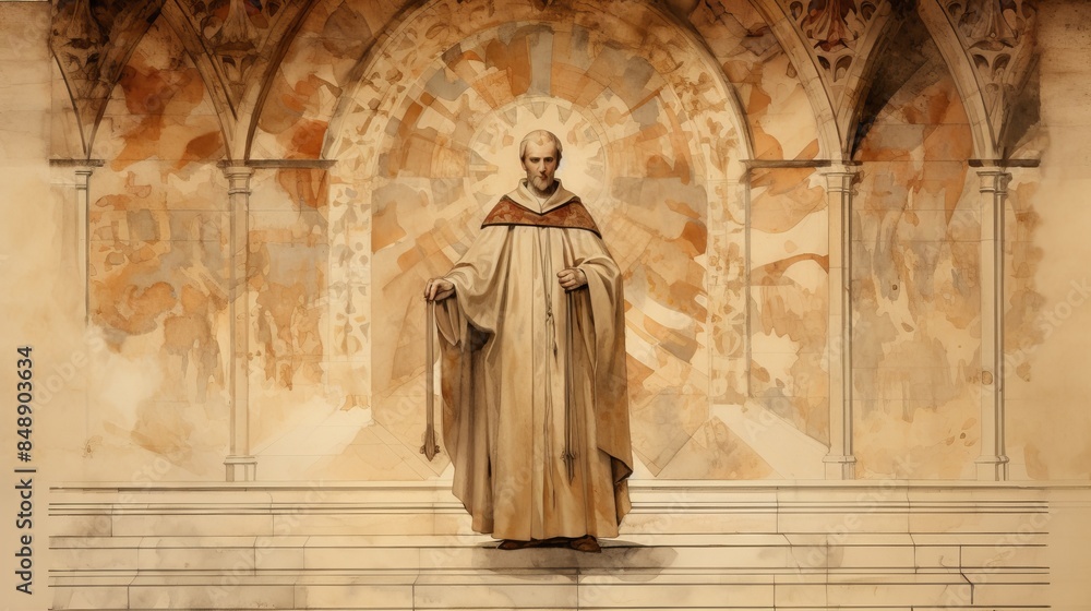 St. William of York in Bishop's Robes at 12th-Century English Cathedral, Biblical Illustration, Beige Background, Copyspace , Biblical Illustration,Christian banner St. William of York in Bishop's Robes at 12th-Century English Cathedral, Biblical Illustration, Beige Background, Copyspace , Biblical Illustration,Christian banner