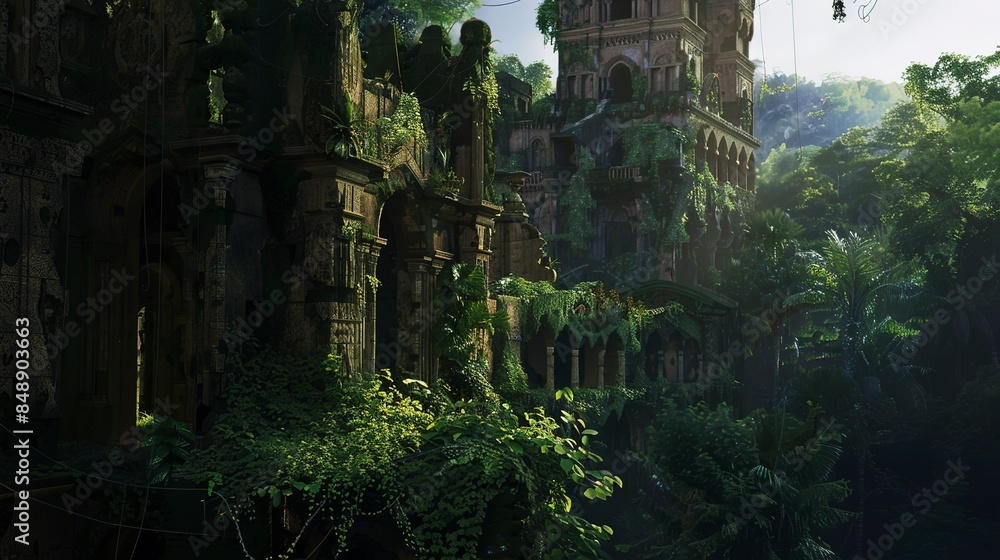 Ancient ruins of a castle, overgrown with vines, surrounded by dense forest, long shot, evening shadows. Ancient ruins of a castle, overgrown with vines, surrounded by dense forest, long shot, evening shadows.