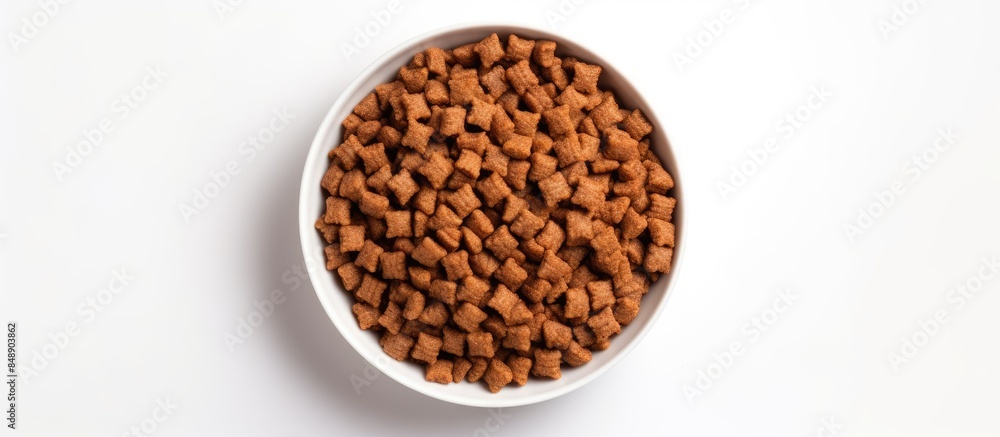 Top view of dry pet food in a bowl with a white background ideal for a copy space image Top view of dry pet food in a bowl with a white background ideal for a copy space image