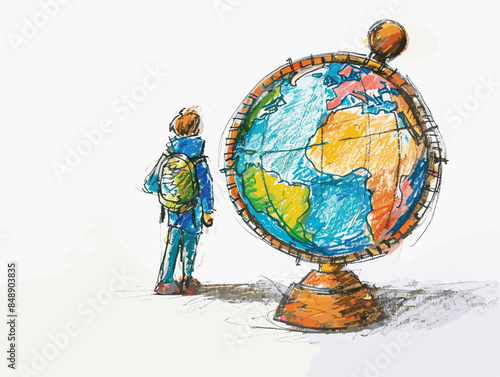 isolate white background, A person with a globe and compass, indicating both global awareness and direction, drawing in color pencil art and copy space, very simple and isolate in the style of animate