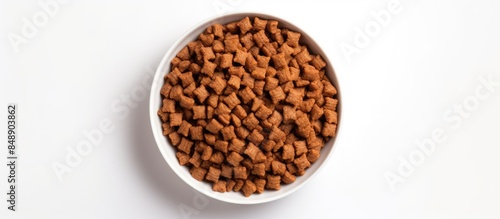 Top view of dry pet food in a bowl with a white background ideal for a copy space image