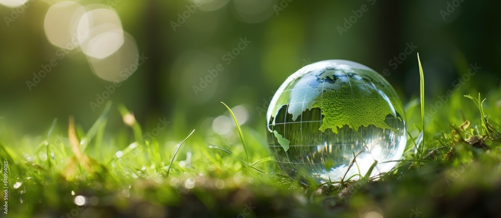 A glass globe representing environmental conservation placed in a grassy setting with copy space image available A glass globe representing environmental conservation placed in a grassy setting with copy space image available