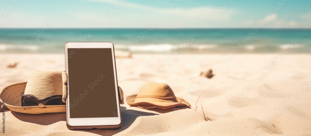 Book your summer vacation online with a smartphone on the sandy beach displaying a blank screen for copy space image Book your summer vacation online with a smartphone on the sandy beach displaying a blank screen for copy space image