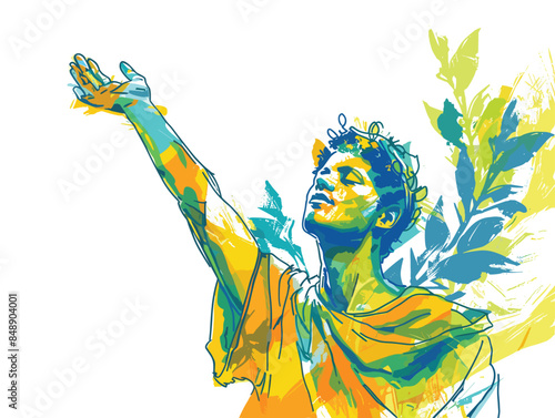isolate white background, A person with a laurel wreath, signifying victory and accomplishment, drawing in color pencil art and copy space, very simple and isolate in the style of animated art