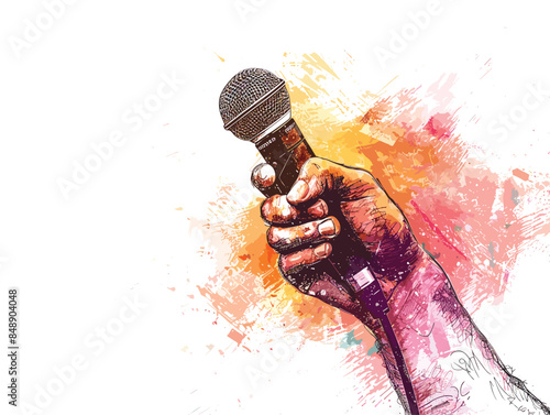 isolate white background, A person with a microphone, suggesting effective communication and public speaking skills, drawing in color pencil art and copy space, very simple and isolate in the style of