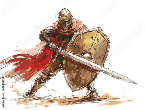 isolate white background, A person with a shield and sword, representing both defense and offense, drawing in color pencil art and copy space, very simple and isolate in the style of animated 