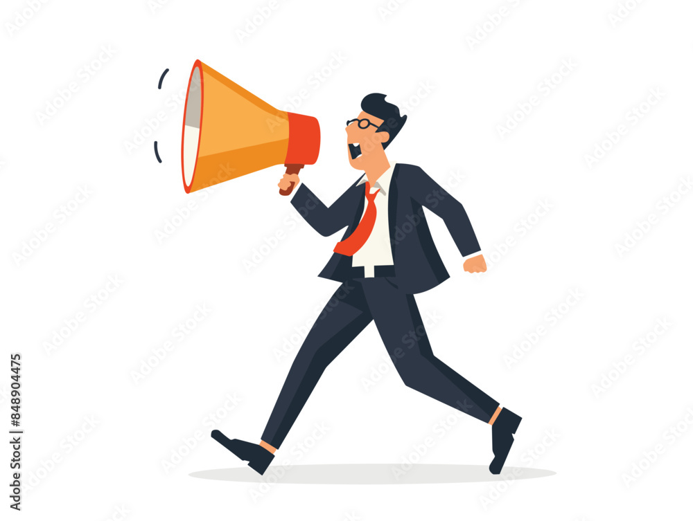 Fototapeta premium white background, Businessman walking and talking into a megaphone vector image, very simple and isolate in the style of animated illustrations, white background