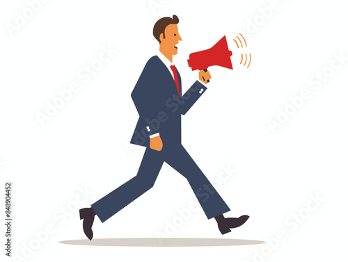 white background, Businessman walking and talking into a megaphone vector image, very simple and isolate in the style of animated illustrations, white background