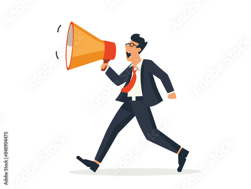 white background, Businessman walking and talking into a megaphone vector image, very simple and isolate in the style of animated illustrations, white background