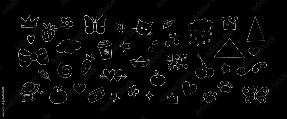 Hand drawing chalk kid scribble drawing icons in white color on dark background. Childish crayon doodles illustration. Vector Hand drawing chalk kid scribble drawing icons in white color on dark background. Childish crayon doodles illustration. Vector