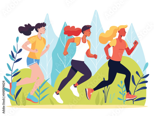 white background, Friends meeting for a group run or jog in the neighborhood., very simple and isolate in the style of animated illustrations, white background