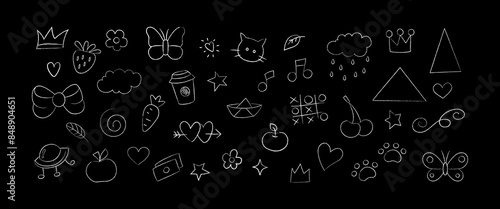Hand drawing chalk kid scribble drawing icons in white color on dark background. Childish crayon doodles  illustration. Vector