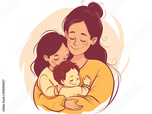 white background, In the mother with kids vector image, the mother tenderly embraces her children, conveying a sense of closeness and security., very simple and isolate in the style of animated art