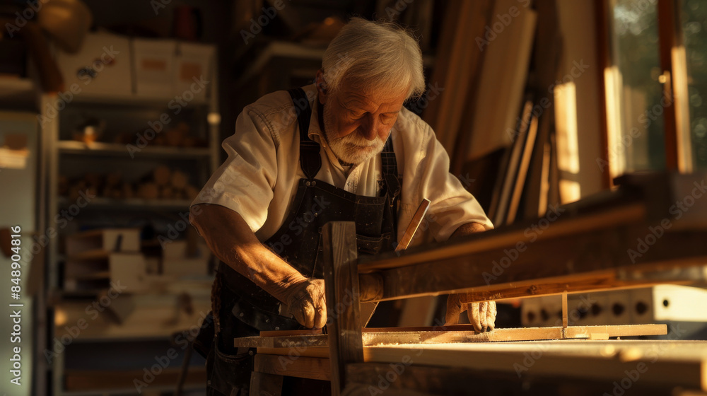 An older man, focused and dedicated, works meticulously at a woodworking bench, bathed in a golden hue from incoming sunset light. An older man, focused and dedicated, works meticulously at a woodworking bench, bathed in a golden hue from incoming sunset light.
