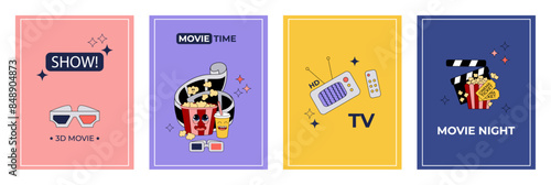 Groovy cinema posters. Set of backgrounds with mascot retro elements, popcorn character, Movie time flier, Movie night banner, print design. Vector illustration