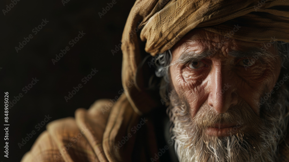 A somber portrait of an elderly man in traditional attire, with a focus on his deep-set, soulful eyes and expressive face. A somber portrait of an elderly man in traditional attire, with a focus on his deep-set, soulful eyes and expressive face.