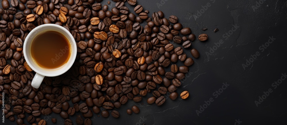 Image of a top view horizontal banner featuring a cup of coffee and coffee beans on a dark stone background with ample copy space Image of a top view horizontal banner featuring a cup of coffee and coffee beans on a dark stone background with ample copy space