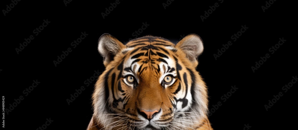Close up portrait of a tiger s head looking at the camera against a white background with copy space image Close up portrait of a tiger s head looking at the camera against a white background with copy space image