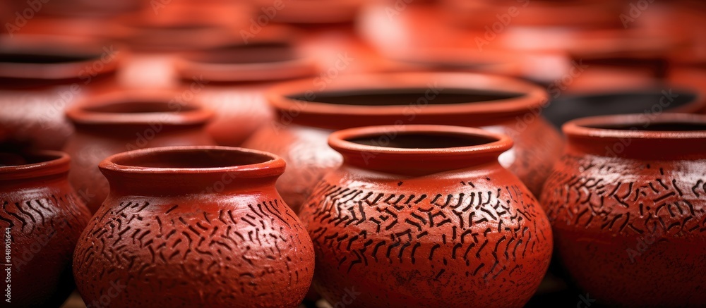Focused on the porous texture of red handmade clay pottery in soft focus a full frame background provides copy space image Focused on the porous texture of red handmade clay pottery in soft focus a full frame background provides copy space image