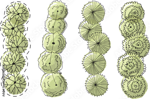 Trees top view plan Architectural and Landscape elements, top view. Collection of houses, plants, garden, trees View from above
