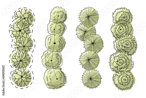 Trees top view plan Architectural and Landscape elements, top view. Collection of houses, plants, garden, trees View from above