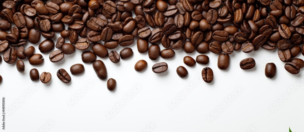 Obraz premium Dark coffee beans float on white backdrop with copy space image