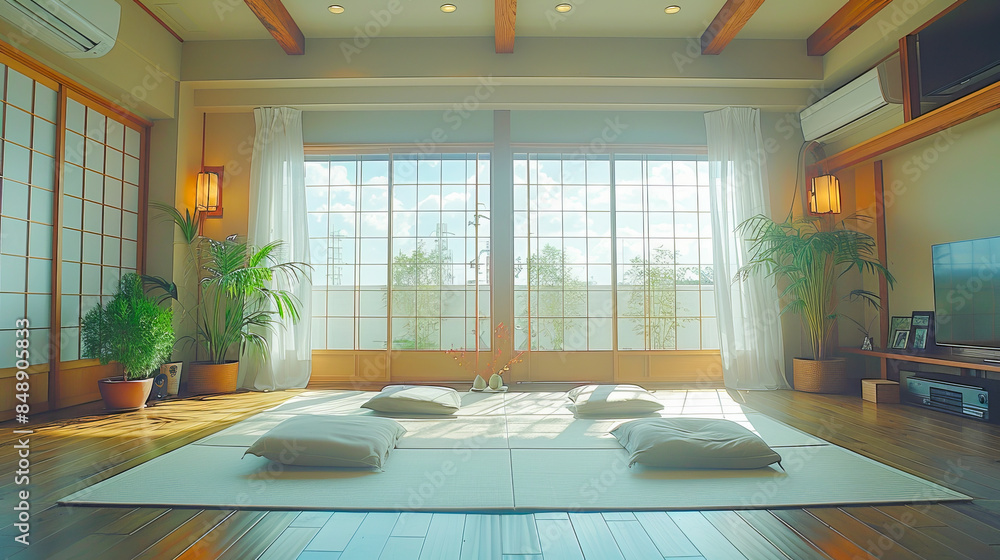 Sunlight illuminating a modern japanese living room with tatami mats for innovative and space saving living Sunlight illuminating a modern japanese living room with tatami mats for innovative and space saving living