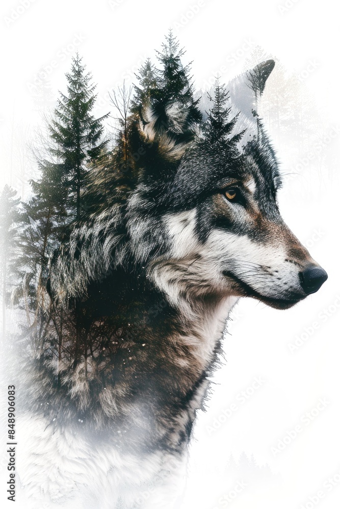 Fototapeta premium Majestic Wolf Double Exposure with Forest Landscape