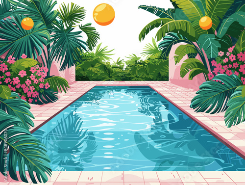 A cartoon drawing of a pool with palm trees and a pink building in the background. The pool is surrounded by lush greenery and has a few flowers in the foreground. Scene is relaxed and peaceful