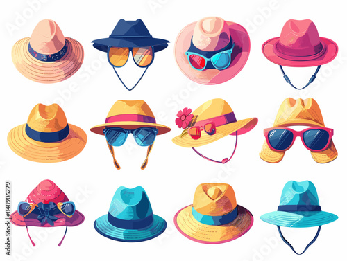 set of isolated objects on a white background sunglasses and summer sun hats