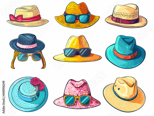set of isolated objects on a white background sunglasses and summer sun hats