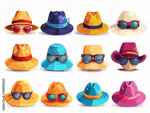 set of isolated objects on a white background sunglasses and summer sun hats