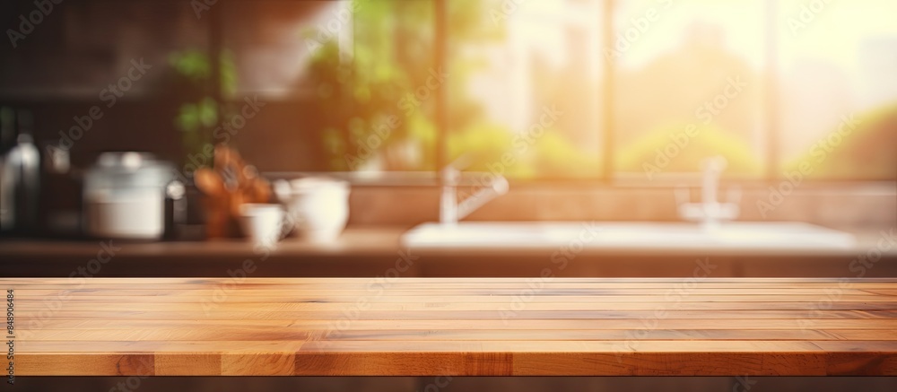Blurred kitchen background with a wood table top can be utilized as a mock up for displaying products or design layout with copy space image Blurred kitchen background with a wood table top can be utilized as a mock up for displaying products or design layout with copy space image