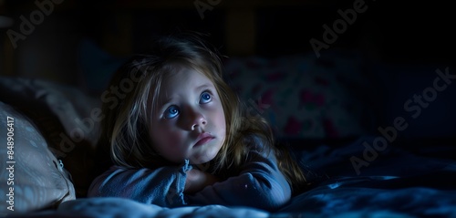 A little girl lying on her bed at night and unable to sleep