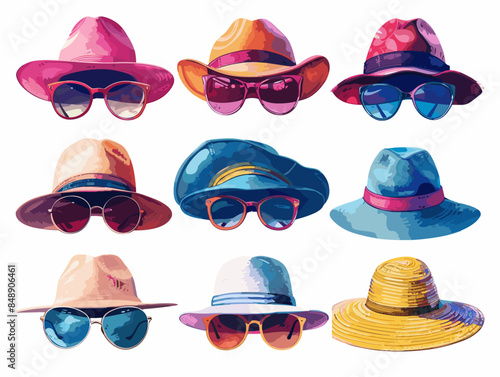 set of isolated objects on a white background sunglasses and summer sun hats