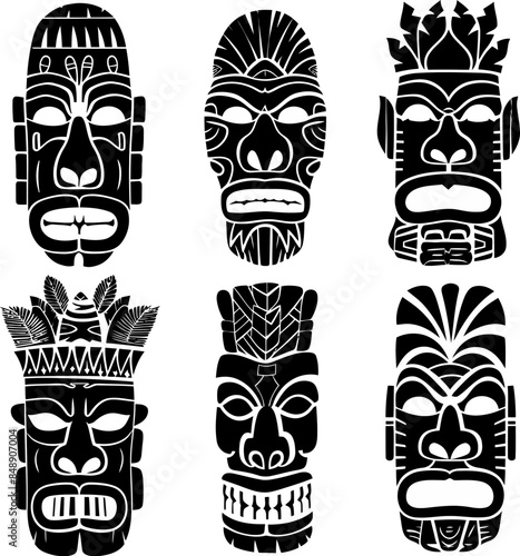 Tiki Masks Collection Flat Vector Illustration.