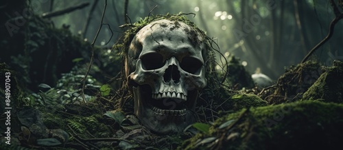 Fototapeta Naklejka Na Ścianę i Meble -  Explore the concept of adventure and exploration through an image of a human skull amidst ancient ruins in the jungle with ample copy space