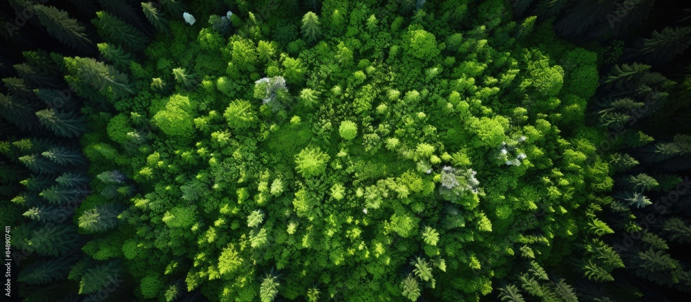 Aerial view of a lush green coniferous forest on a spring day showcasing the beauty of European nature from a high altitude reminiscent of a little planet concept with a copy space image Aerial view of a lush green coniferous forest on a spring day showcasing the beauty of European nature from a high altitude reminiscent of a little planet concept with a copy space image