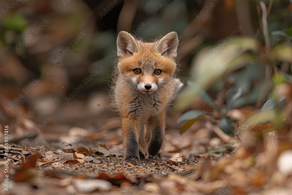 Fototapeta premium Baby Fox: An adorable baby fox kit with reddish fur and a bushy tail, exploring a forest clearing.